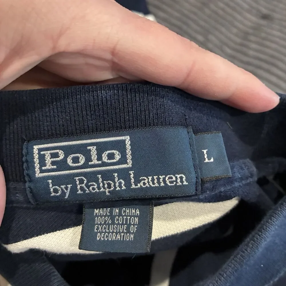 Vintage Polo Ralph Lauren Navy Blue Stripe Short Sleeve Polo Mens Size Large